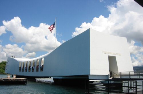 Image of Pearl Harbors USS Arizona Memorial. Tours of Pearl Harbor on Oahu are offered by professional tour guide companies like PHV.